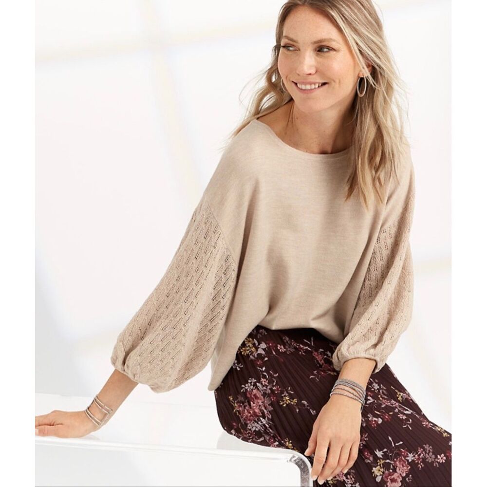 Garnet Hill Merino Wool Blouson Sleeve Sweater Pointelle Cropped Large